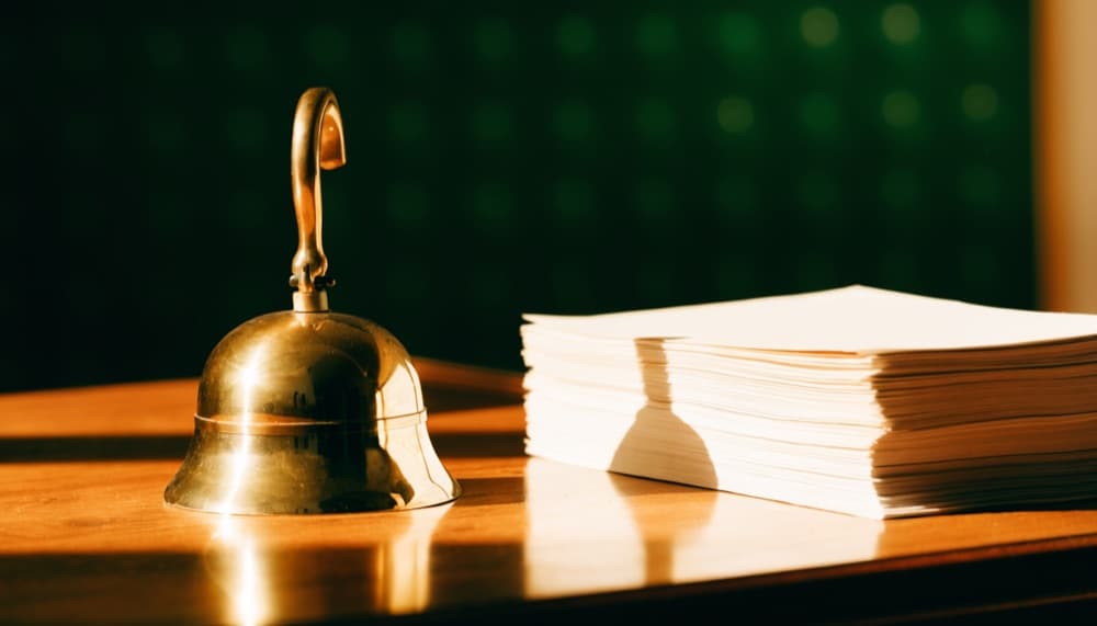 Cloche d'école et notes sur un bureau de bois